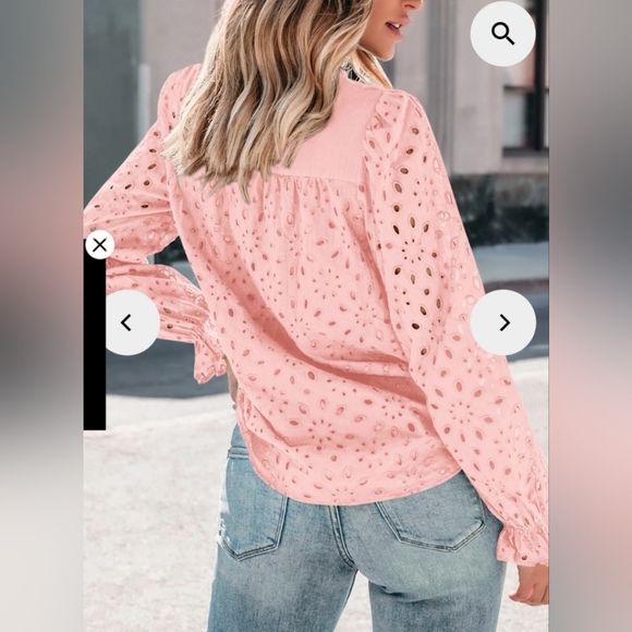 Pink Romantic Boho Puff Long Sleeve Button Up Blouse With Lace Eyelet Details - Picture 4 of 11